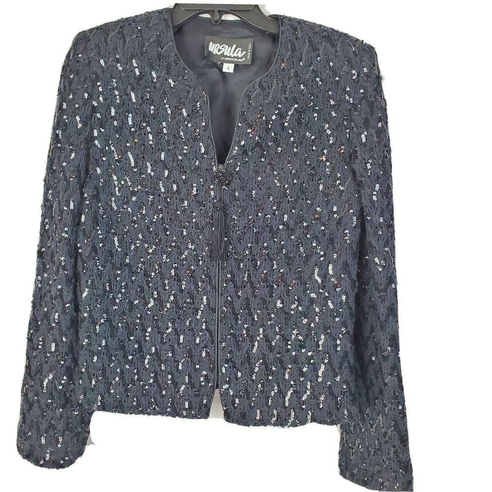 Ursula of Switzerland Womens Jacket Size 8 Black Sequin Party Metallic Vintage‎